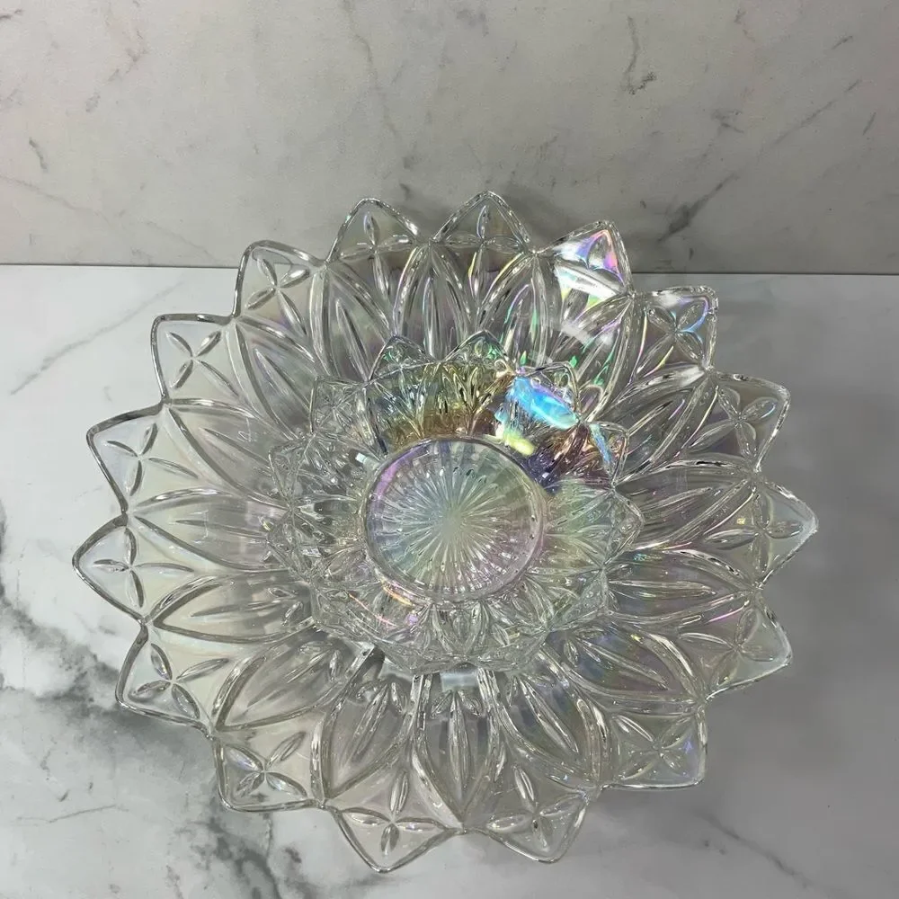 VINTAGE 60’s Federal Glass Iridescent Carnival Glass flower petal plate set